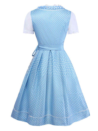 3PCS Blau 1950er Oktoberfest Dirndl Blumen Kleid & Stickerei Rose Schürze