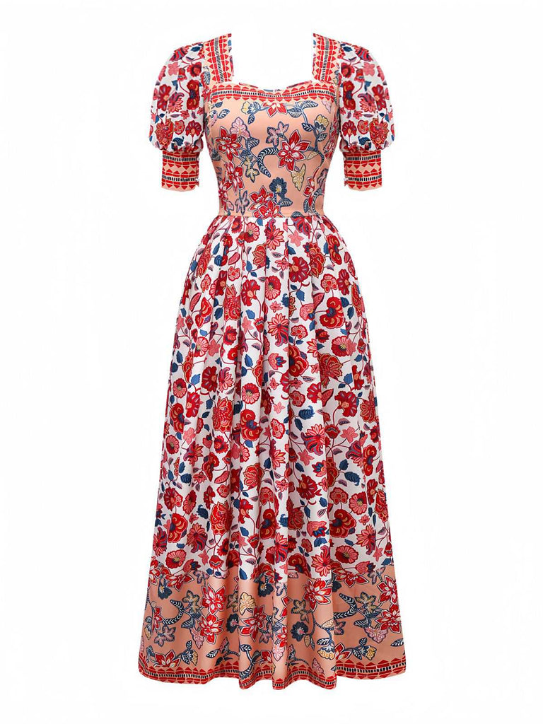 2PCS Rot 1930er Blumen Laternenärmel Ausgeschnitten Top & Gerüschtes Rock