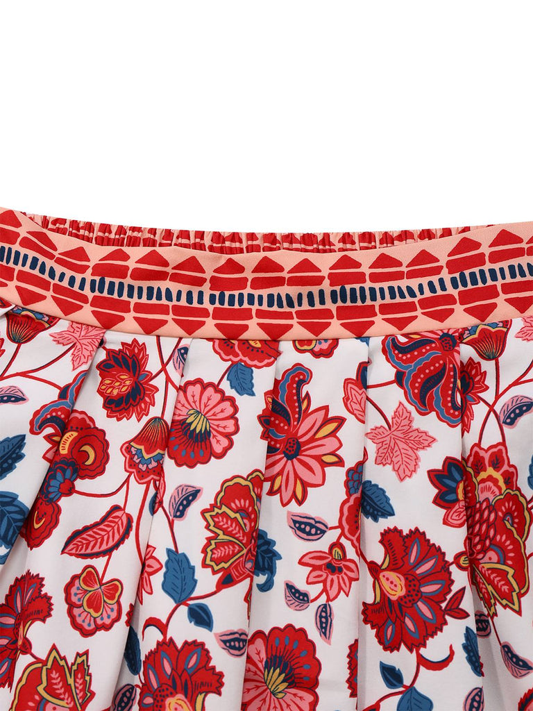 2PCS Rot 1930er Blumen Laternenärmel Ausgeschnitten Top & Gerüschtes Rock