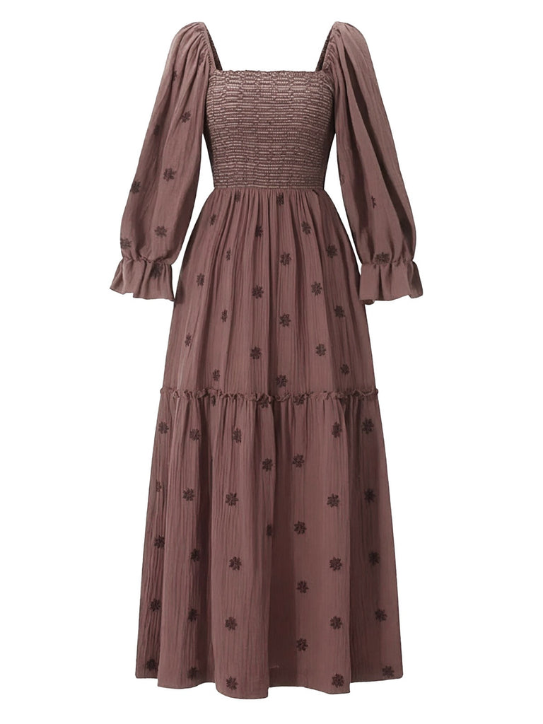1940er Besticktes Blumen Laternenärmel Kleid