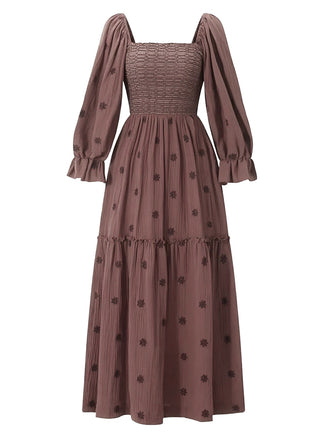 1940er Besticktes Blumen Laternenärmel Kleid