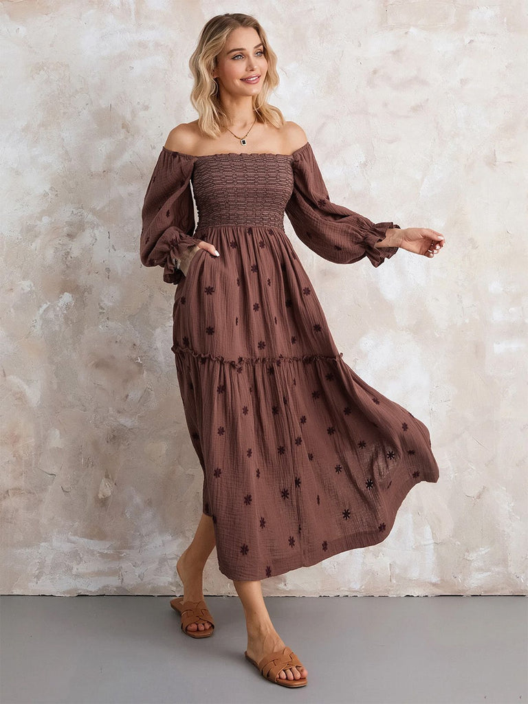 1940er Besticktes Blumen Laternenärmel Kleid