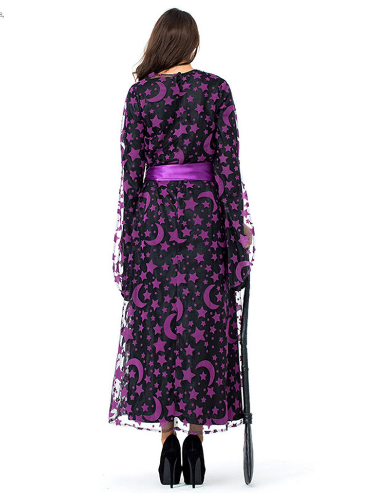 Dunkellila 1930er Stern & Mond Fledermausärmel Hexe Kleid Set