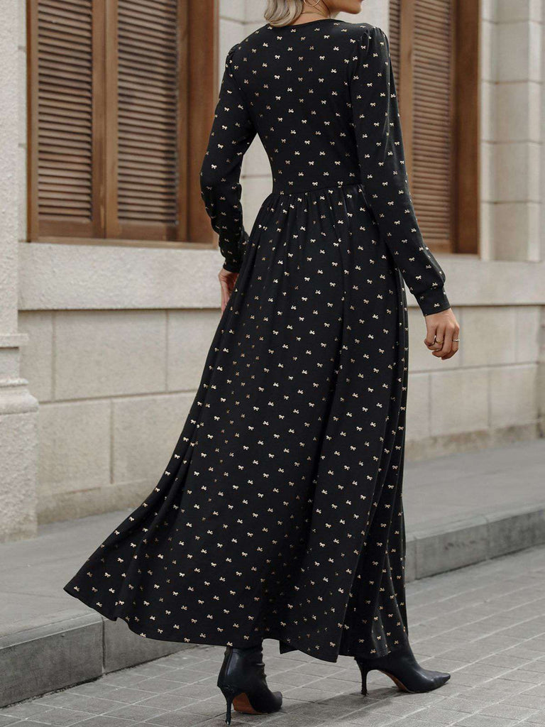 Schwarz 1930er Gold Folie Bogen V-Ausschnitt Spitze Schlitz Kleid