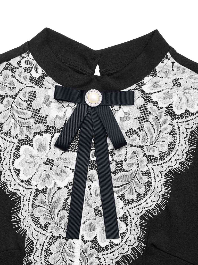 Schwarz & Weiß 1950er Spitze Patchwork Bogen Langarm Kleid