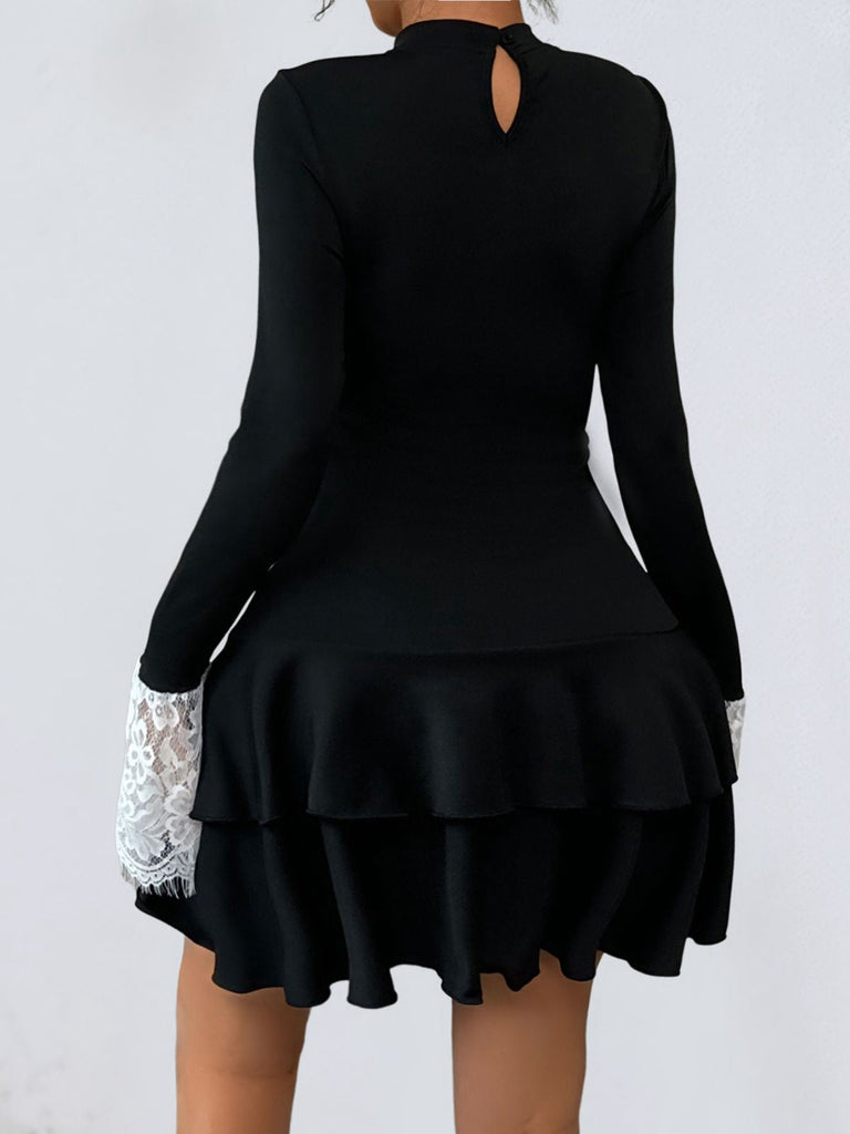 Schwarz & Weiß 1950er Spitze Patchwork Bogen Langarm Kleid