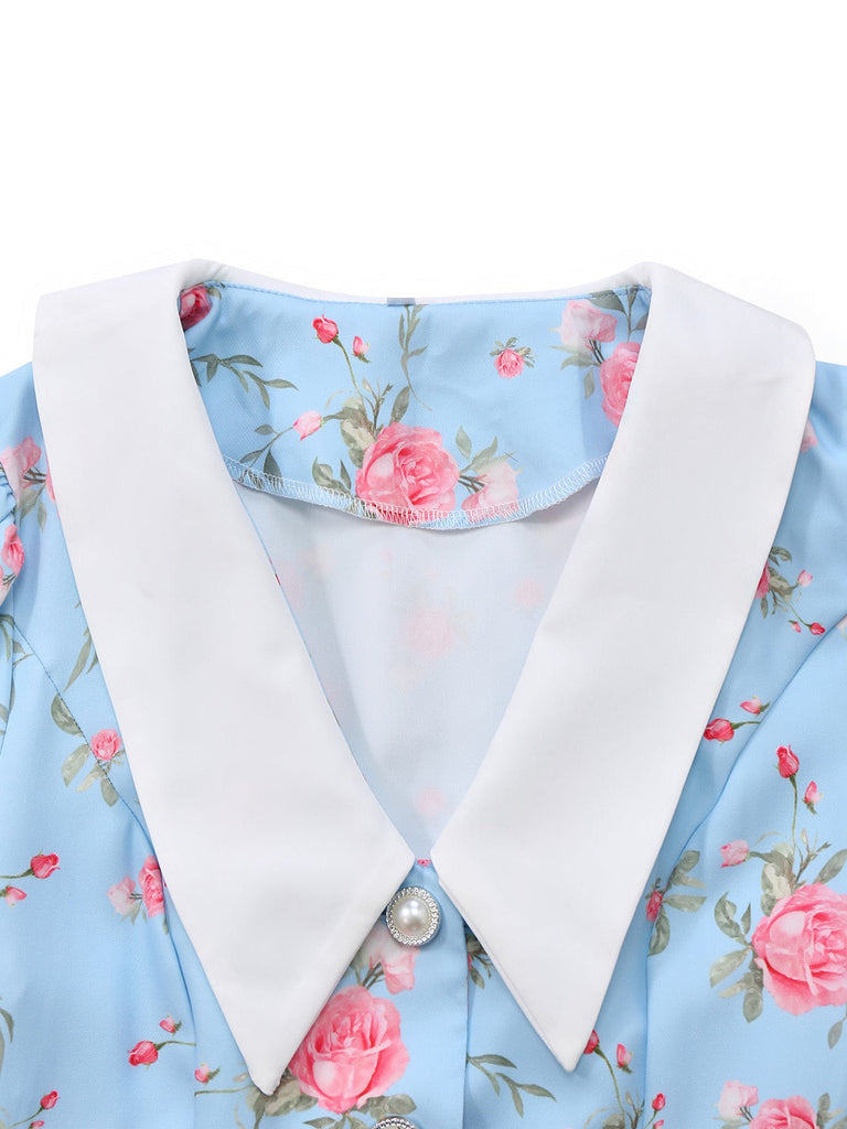 1960er Rose Puffärmel Chelsea-Kragen Mini Kleid