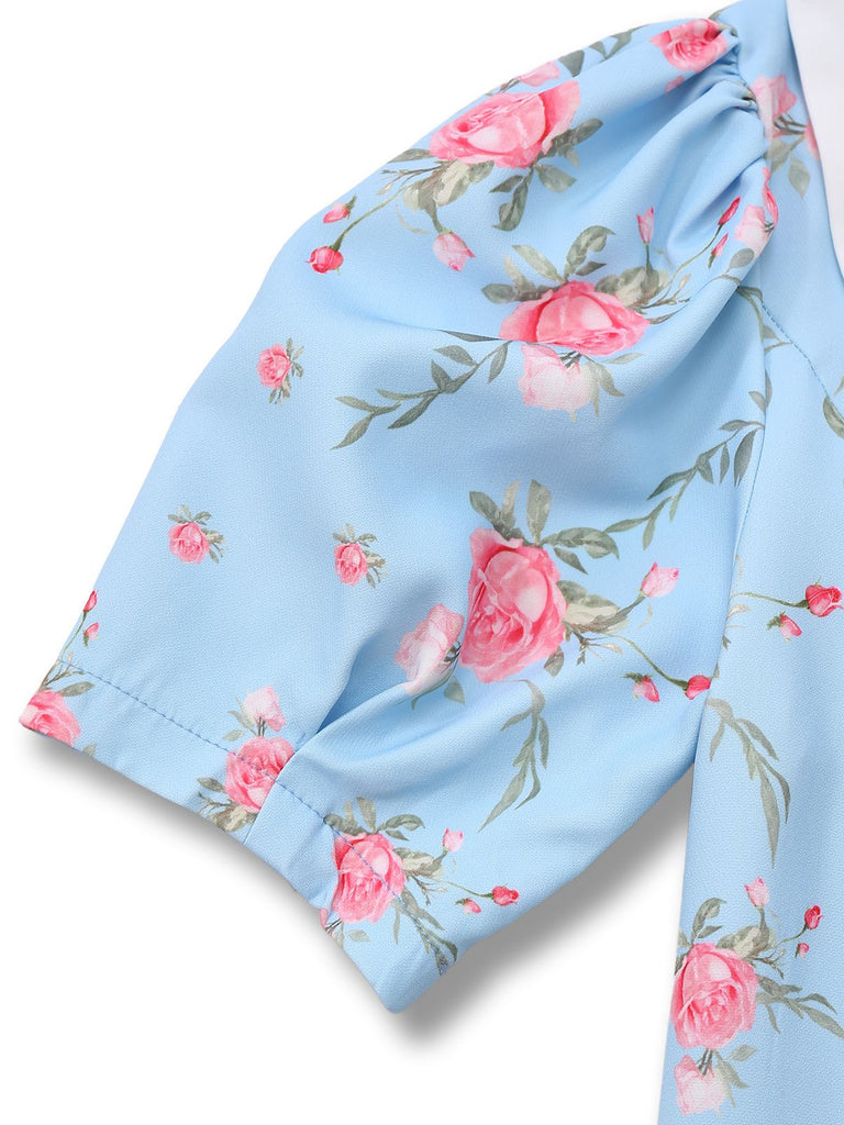 1960er Rose Puffärmel Chelsea-Kragen Mini Kleid