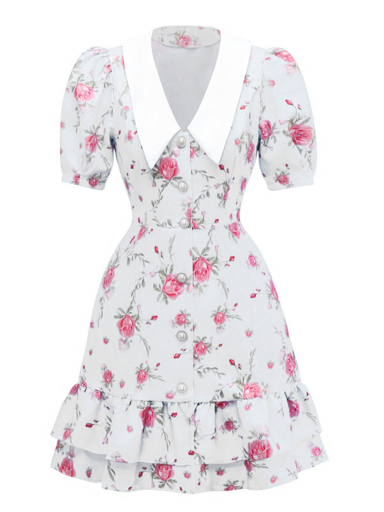 1960er Rose Puffärmel Chelsea-Kragen Mini Kleid