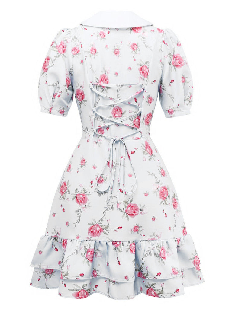 1960er Rose Puffärmel Chelsea-Kragen Mini Kleid