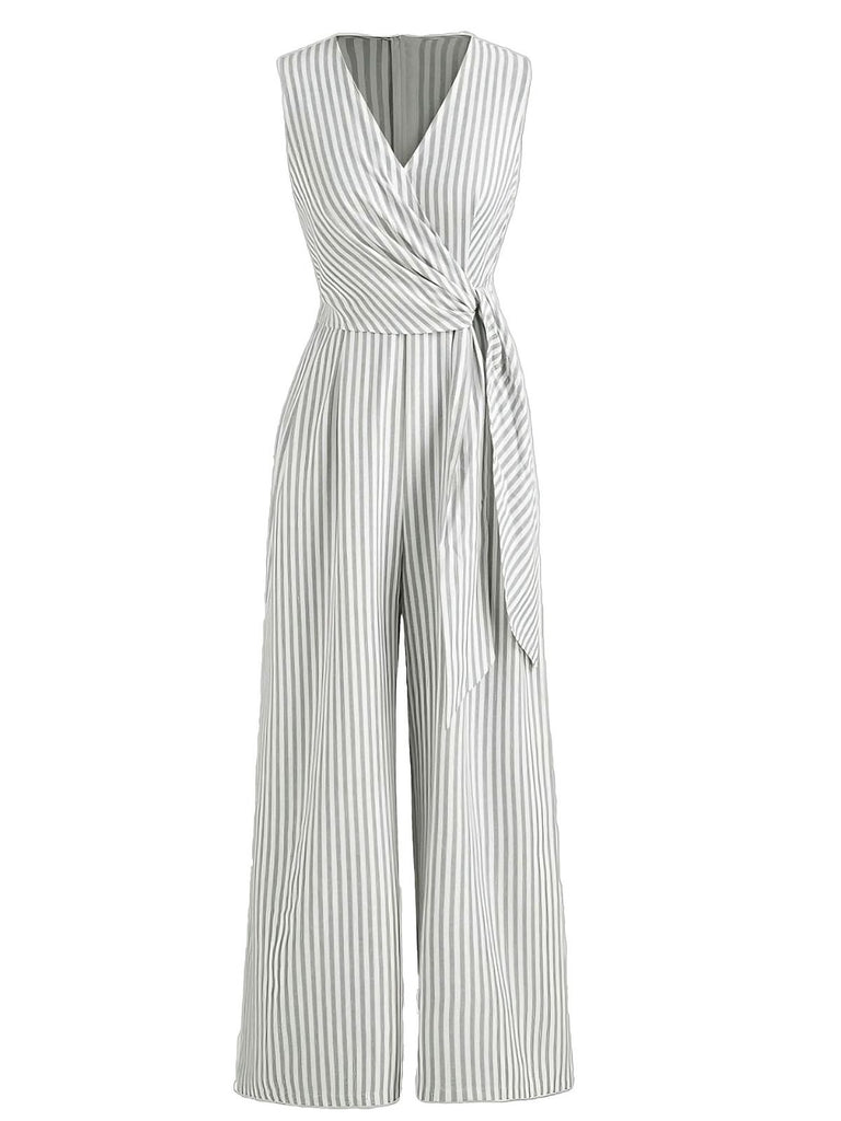 1940er V-Ausschnitt Streifen Taille-Tie Ärmellos Jumpsuit