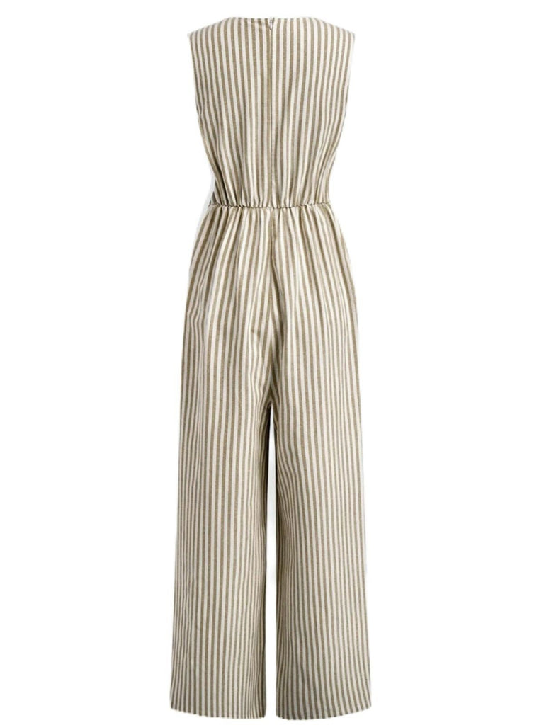 1940er V-Ausschnitt Streifen Taille-Tie Ärmellos Jumpsuit