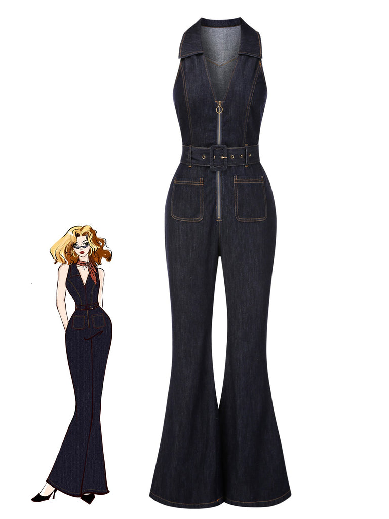 Blau 1970er Baumwolle Denim Ausgestellter Jumpsuit