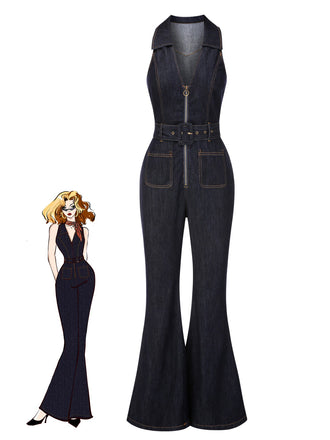 [Vorverkauf] Blau 1970er Baumwolle Denim Ausgestellter Jumpsuit