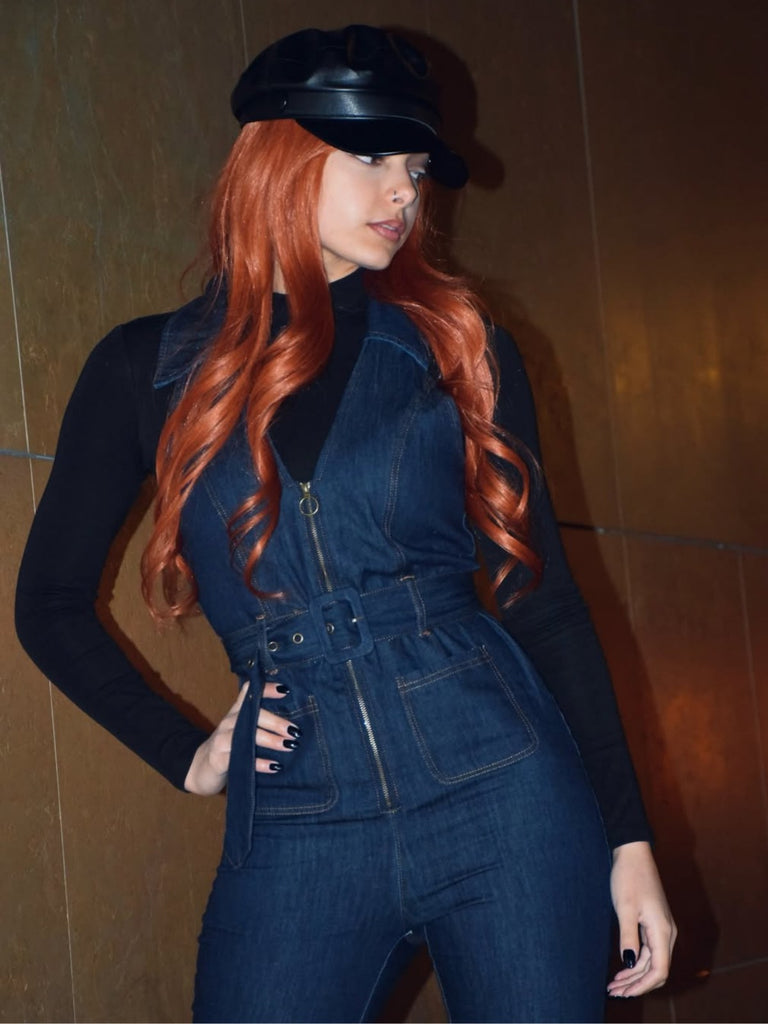 Blau 1970er Baumwolle Denim Ausgestellter Jumpsuit