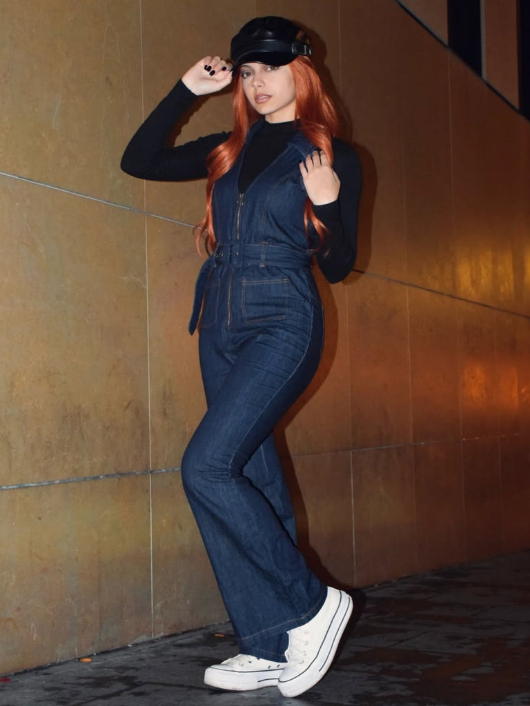 Blau 1970er Baumwolle Denim Ausgestellter Jumpsuit