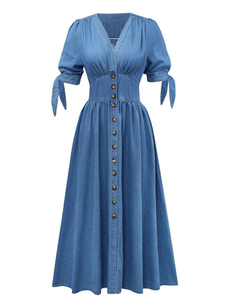 Blau 1940er V-Ausschnitt Knotenmanschette Denim Kleid