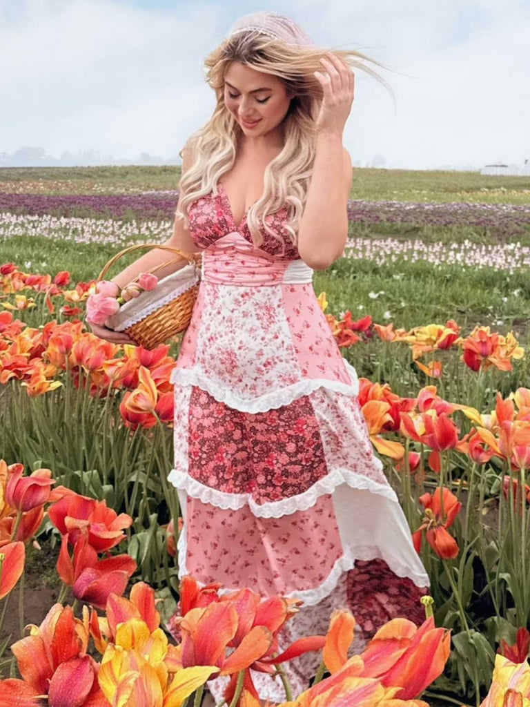 Multicolor 1930er Steppdecke Blumen Rüschen Träger Kleid