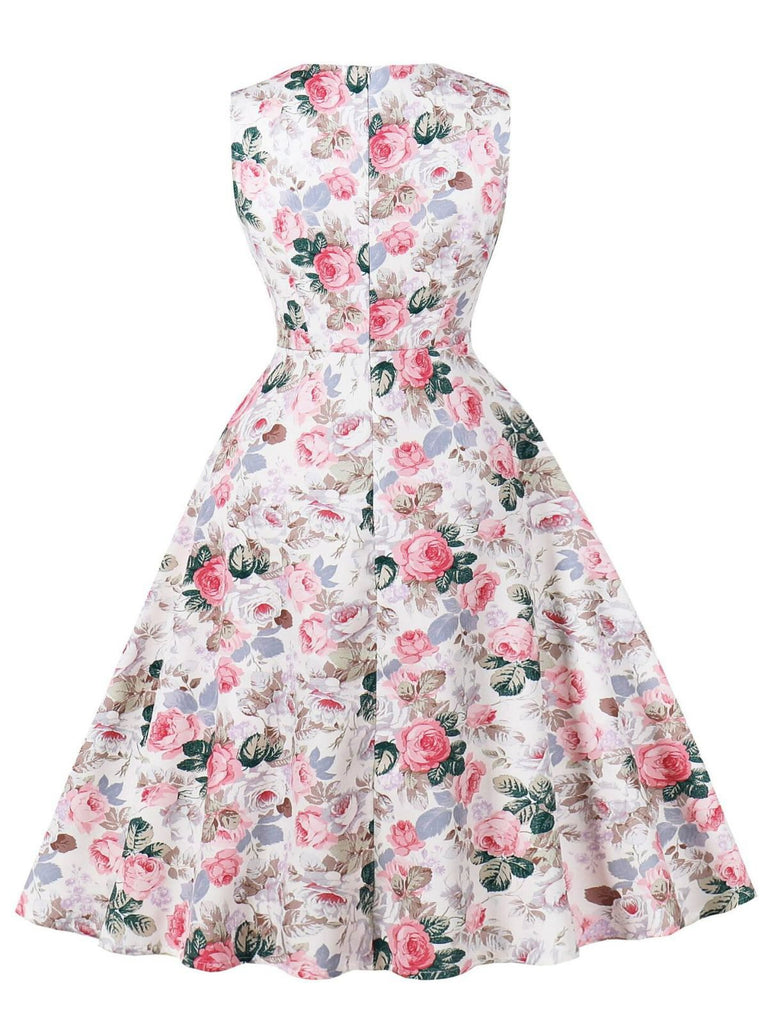 Rosa 1950er Blumen Bogen Herzförmiger Hals Swing Kleid