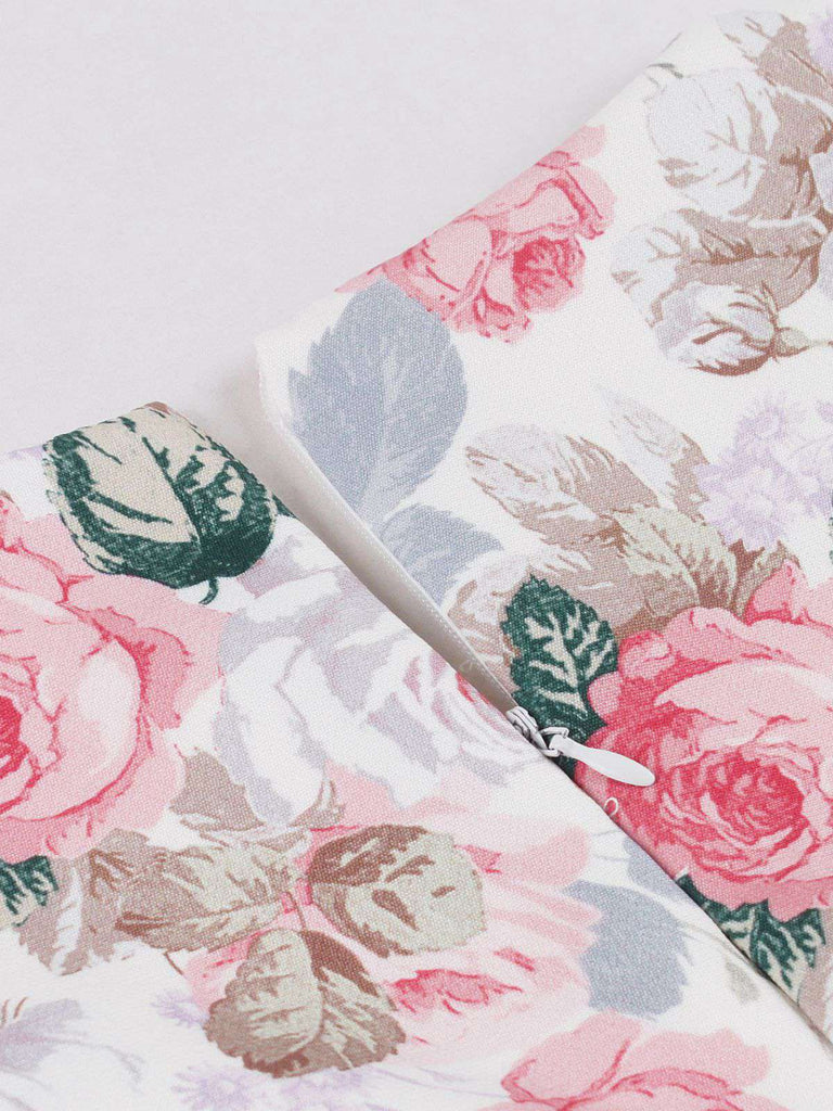 Rosa 1950er Blumen Bogen Herzförmiger Hals Swing Kleid