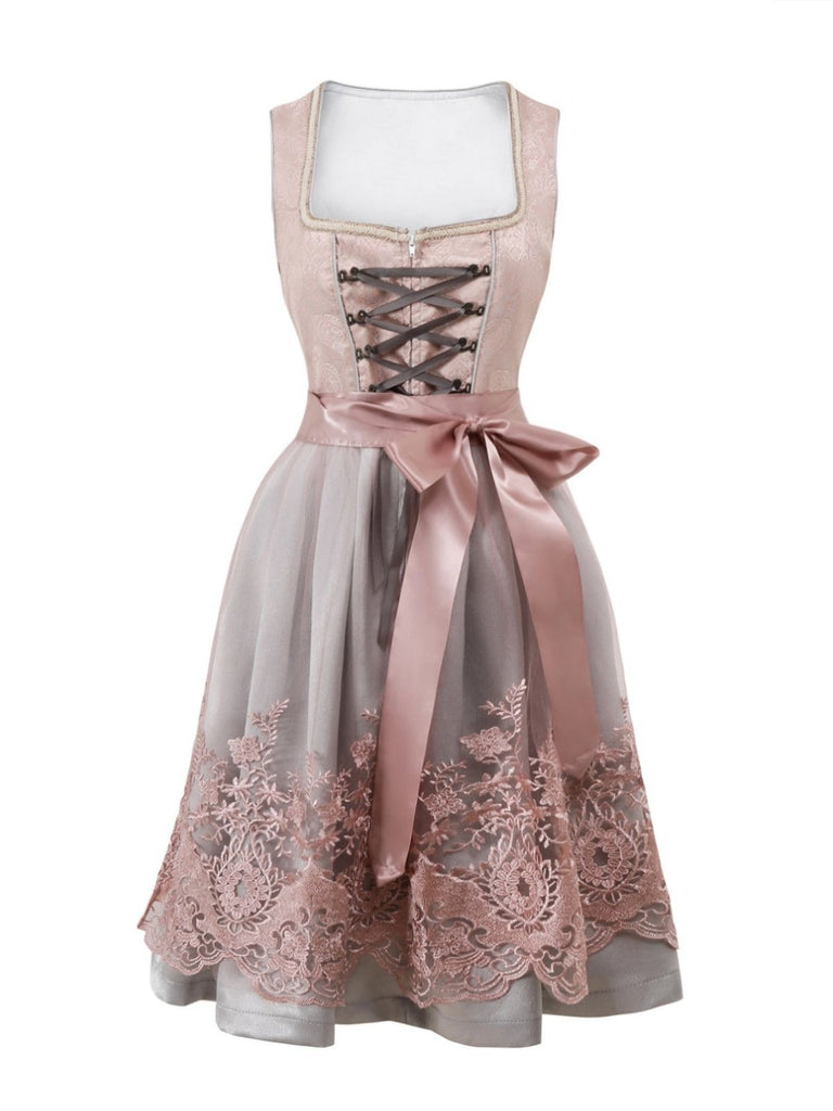 2PCS Orange Rosa 1950er Oktoberfest Dirndl Jacquard Kleid & Schürze