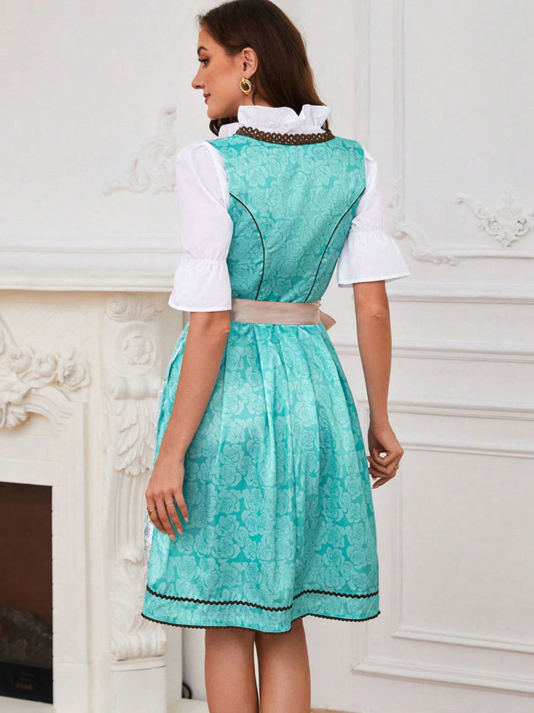 2PCS Blau 1950er Oktoberfest Blumen Jacquard Kleid & Besticktes Schürze