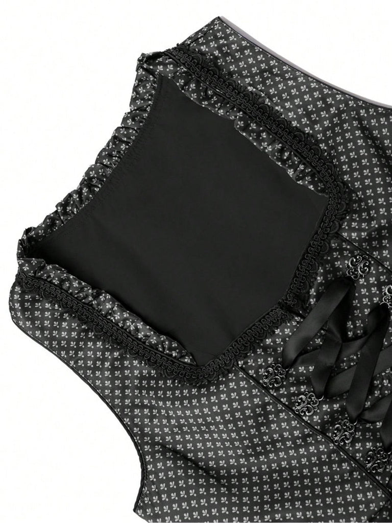 2PCS Dunkelblau 1950er Oktoberfest Dirndl Blumen Schnürung Kleid & Schürze