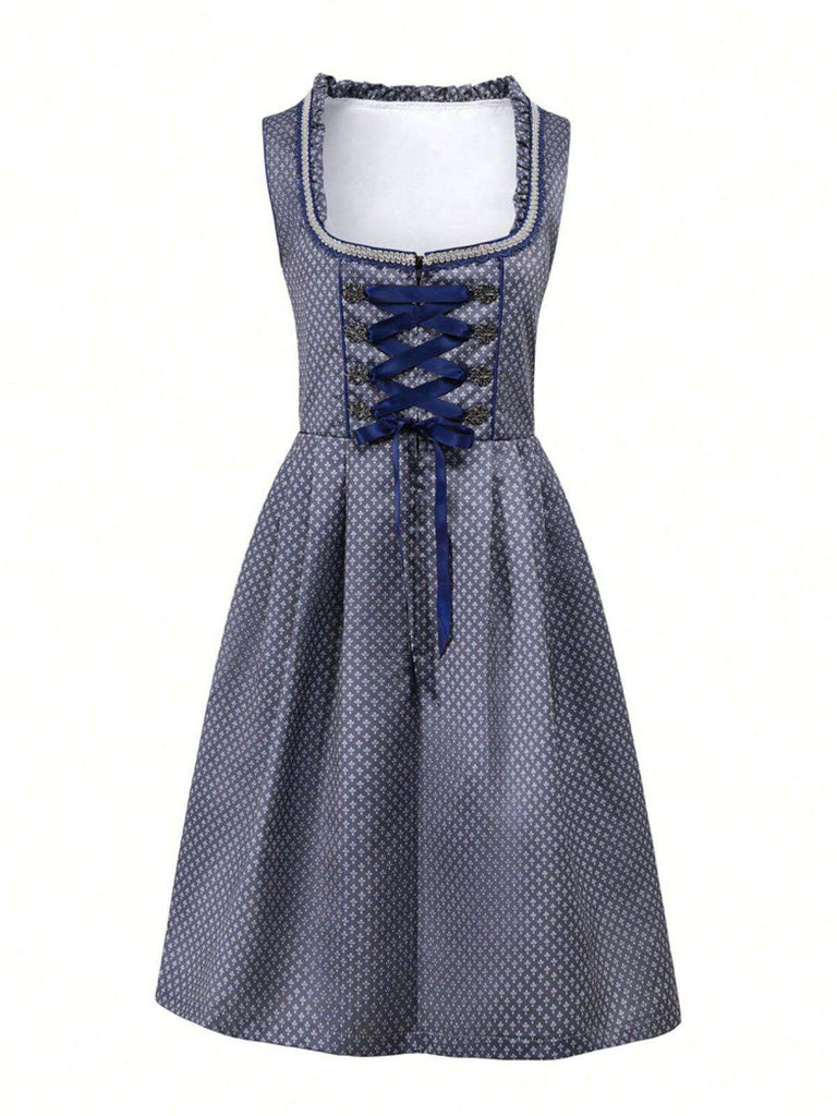 2PCS Dunkelblau 1950er Oktoberfest Dirndl Blumen Schnürung Kleid & Schürze