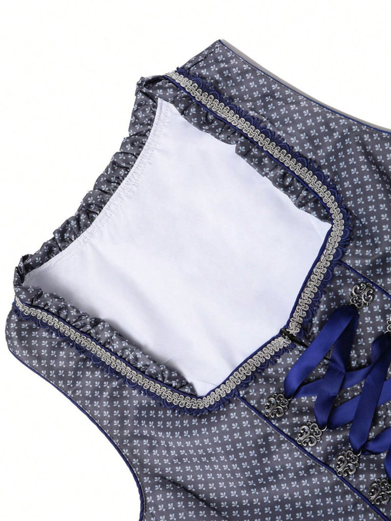 2PCS Dunkelblau 1950er Oktoberfest Dirndl Blumen Schnürung Kleid & Schürze