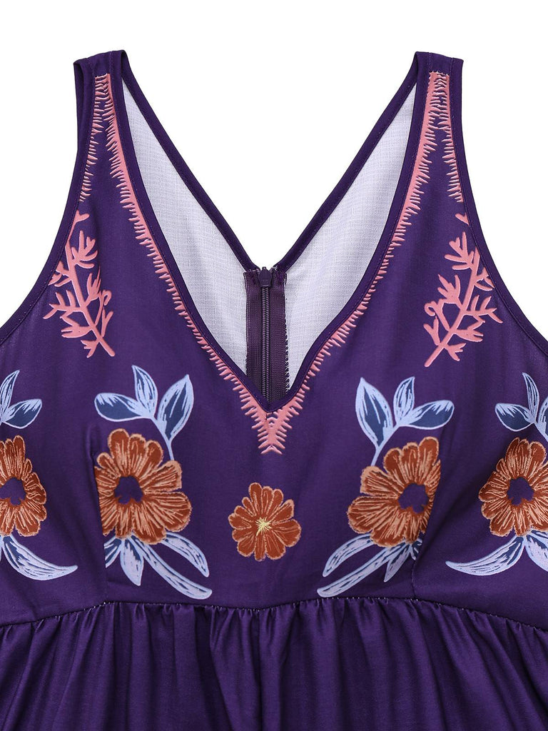 Dunkellila 1970er V-Ausschnitt Blumen Boho Jumpsuit