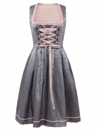 2PCS Rosa 1950er Oktoberfest Dirndl Blumen Jacquard Kleid & Schürze