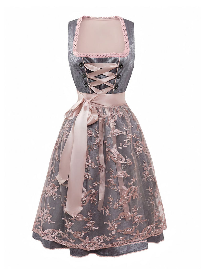 2PCS Rosa 1950er Oktoberfest Dirndl Blumen Jacquard Kleid & Schürze