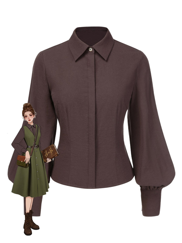 [Vorverkauf] Braun 1950er Solide Laternenhülle Revers Bluse