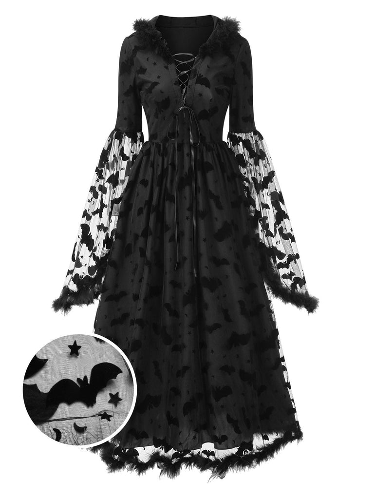 Schwarz 1940er Schläger Netz Roh Saum Hexe Cape Kleid