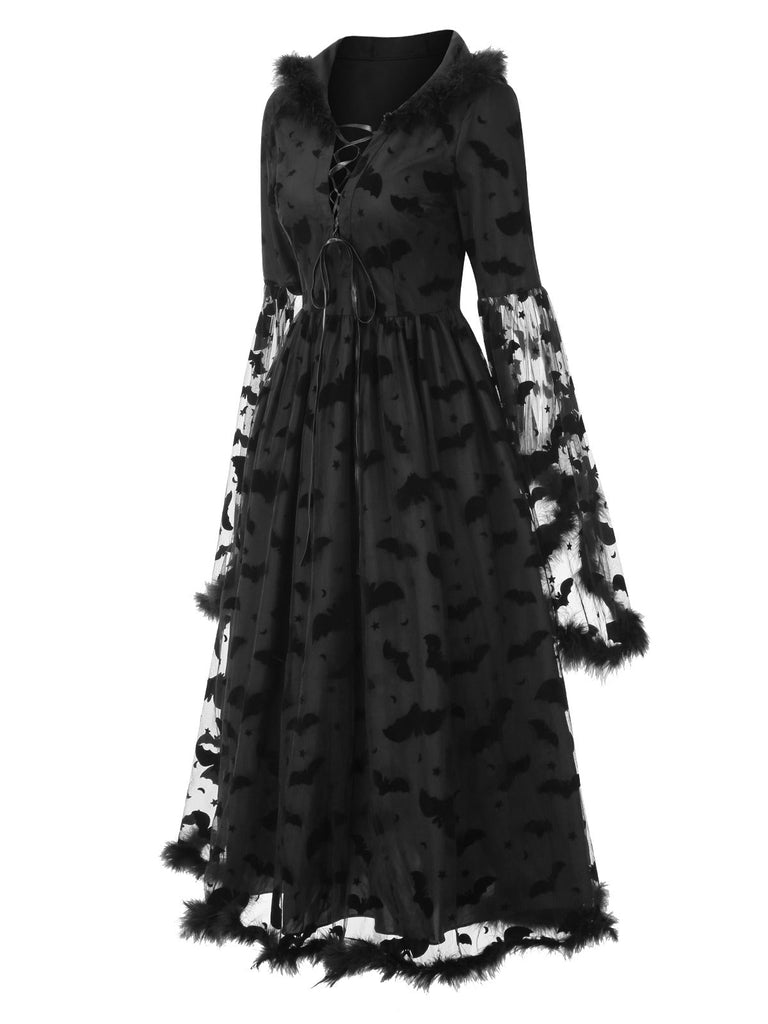 Schwarz 1940er Schläger Netz Roh Saum Hexe Cape Kleid