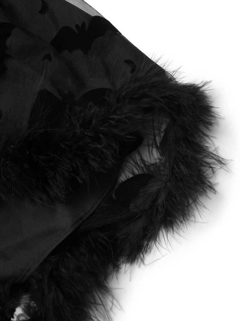 Schwarz 1940er Schläger Netz Roh Saum Hexe Cape Kleid