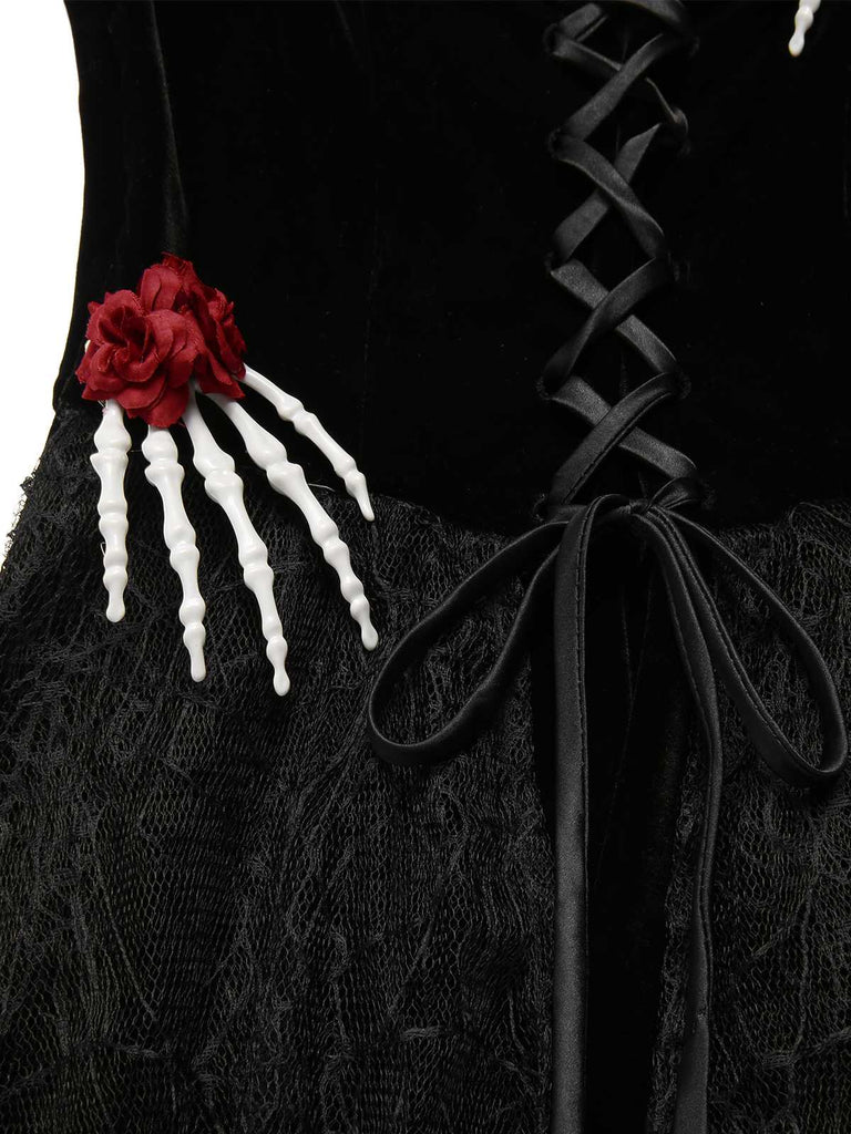Schwarz 1950er Halloween Skeletthand Spinnennetz Rose Kleid