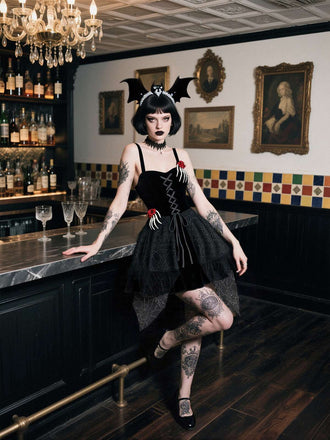 Schwarz 1950er Halloween Skeletthand Spinnennetz Rose Kleid