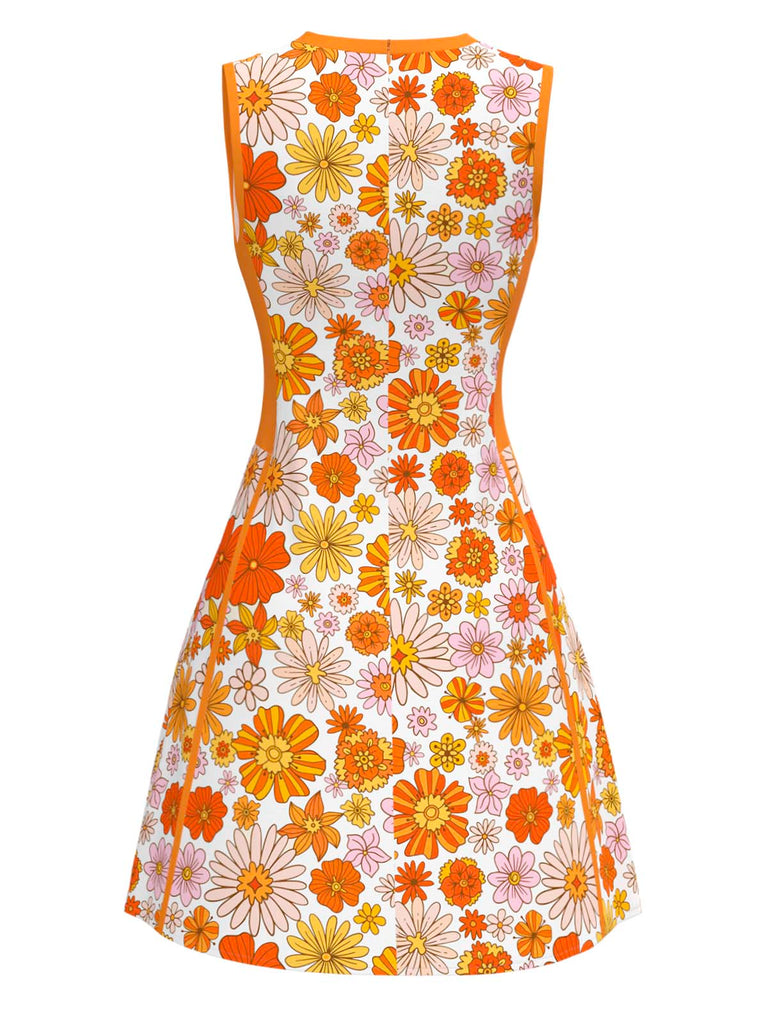 [Vorverkauf] Orange 1960er Rundhals Gänseblümchen Ärmellos Kleid