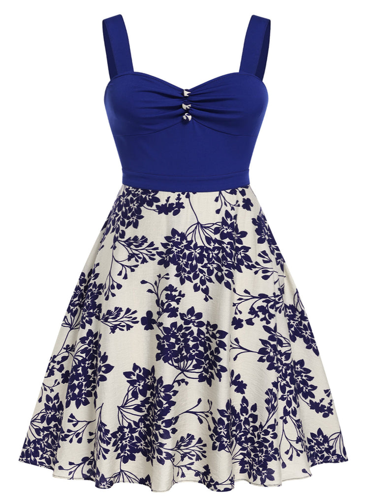 [Übergröße] Blau 1950er Blumen Knöpfen Sweetheart-Kragen Kleid