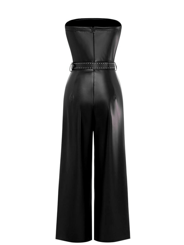 1940er PU Leder Gürtel Trägerlos Jumpsuit
