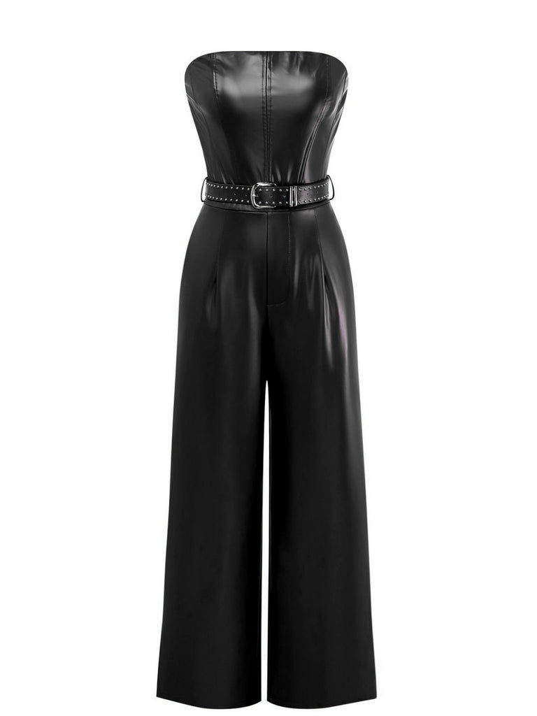 1940er PU Leder Gürtel Trägerlos Jumpsuit