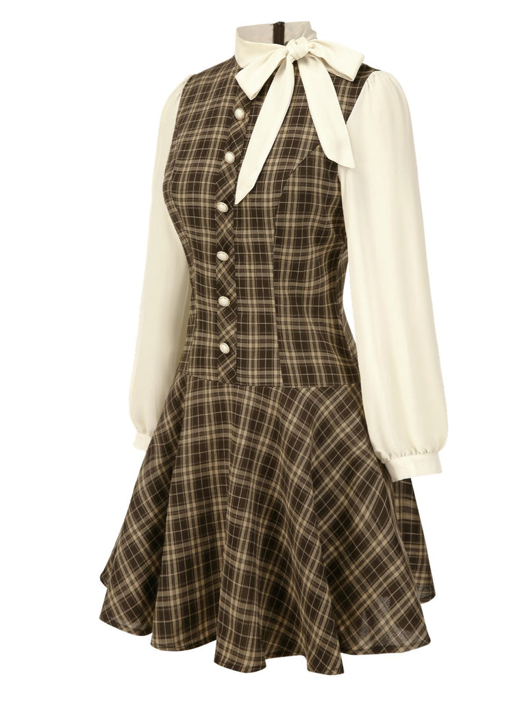Braun 1960er Plaid Bogen Tie Taste Swing Kleid