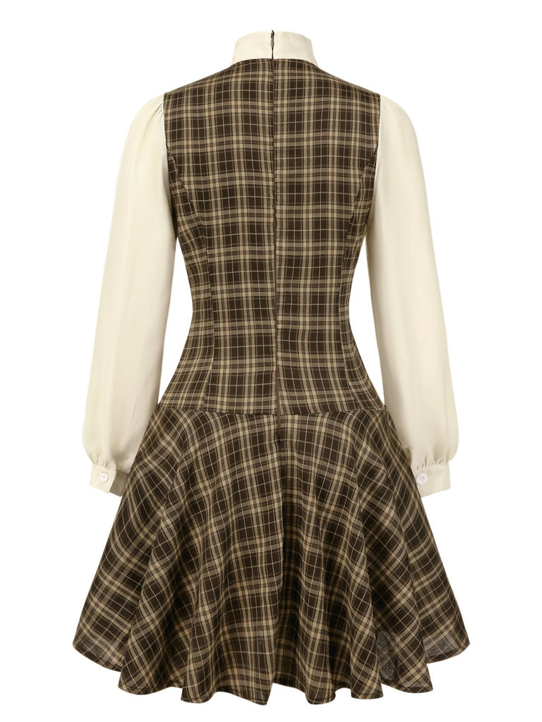 Braun 1960er Plaid Bogen Tie Taste Swing Kleid