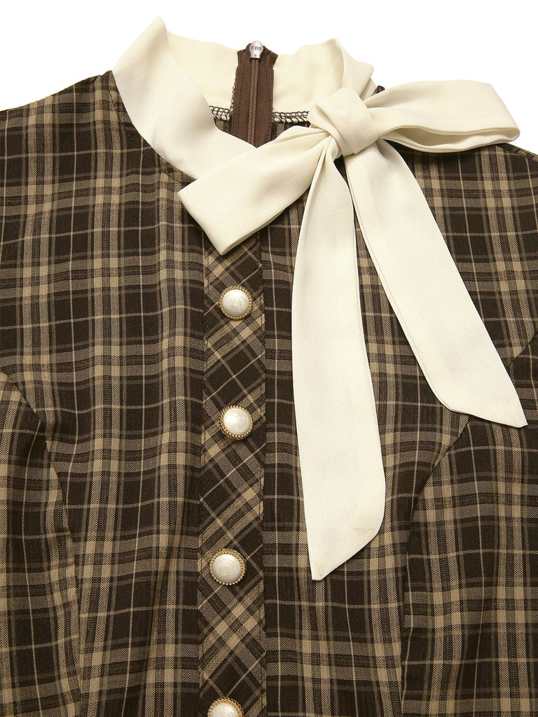 Braun 1960er Plaid Bogen Tie Taste Swing Kleid