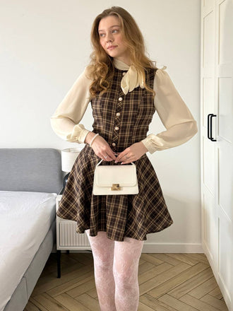 Braun 1960er Plaid Bogen Tie Taste Swing Kleid