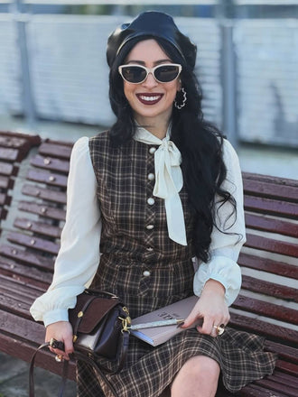 Braun 1960er Plaid Bogen Tie Taste Swing Kleid