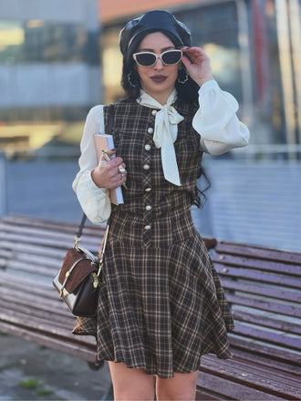 Braun 1960er Plaid Bogen Tie Taste Swing Kleid