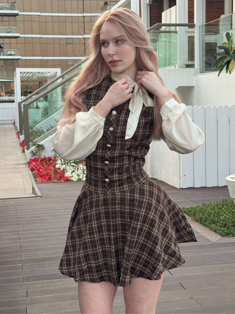 Braun 1960er Plaid Bogen Tie Taste Swing Kleid