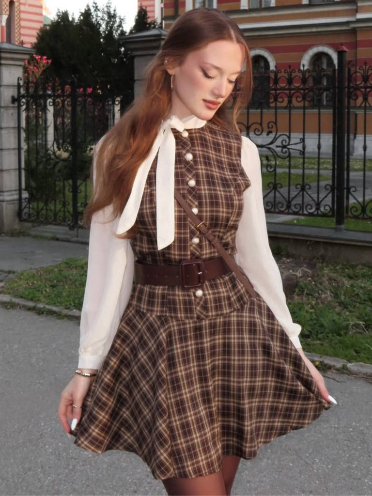 Braun 1960er Plaid Bogen Tie Taste Swing Kleid